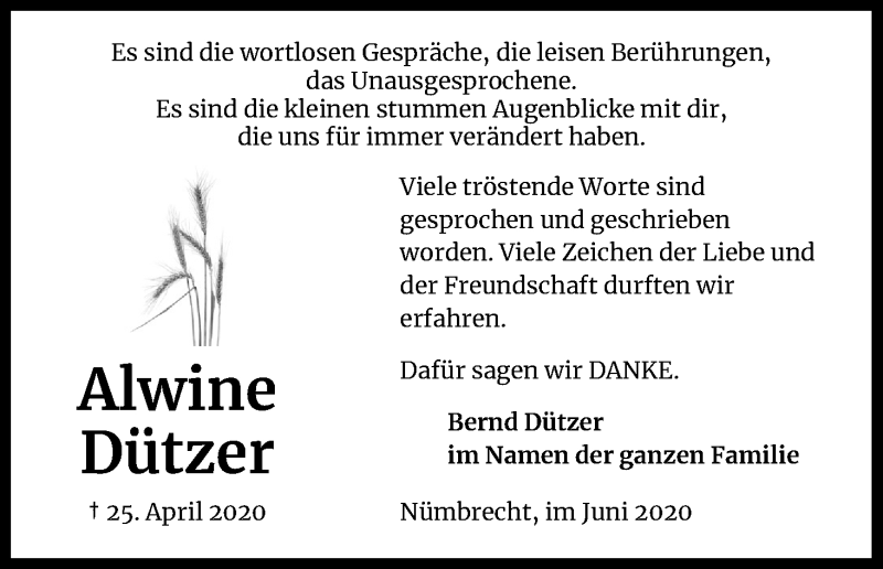 Traueranzeige für Alwine Dützer vom 20.06.2020 aus Kölner Stadt-Anzeiger / Kölnische Rundschau / Express