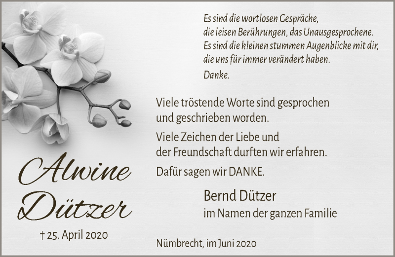  Traueranzeige für Alwine Dützer vom 19.06.2020 aus  Lokalanzeiger 