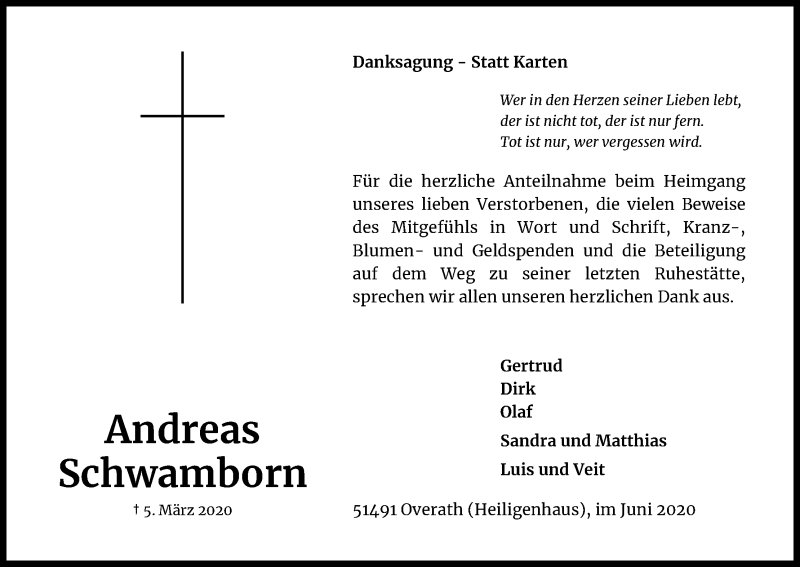  Traueranzeige für Andreas Schwamborn vom 13.06.2020 aus Kölner Stadt-Anzeiger / Kölnische Rundschau / Express