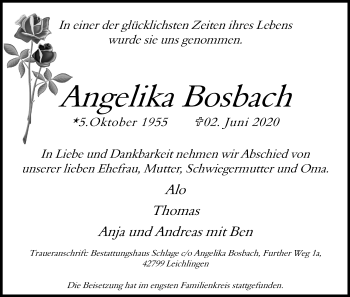 Anzeige von Angelika Bosbach von Kölner Stadt-Anzeiger / Kölnische Rundschau / Express