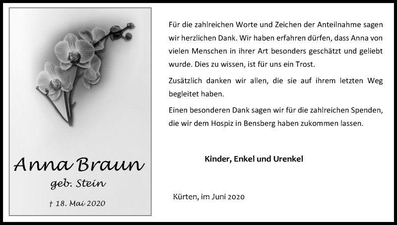  Traueranzeige für Anna Braun vom 27.06.2020 aus Kölner Stadt-Anzeiger / Kölnische Rundschau / Express