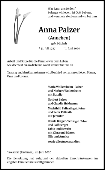 Anzeige von Anna Palzer von Kölner Stadt-Anzeiger / Kölnische Rundschau / Express