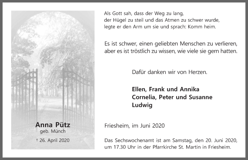  Traueranzeige für Anna Pütz vom 19.06.2020 aus  Werbepost 