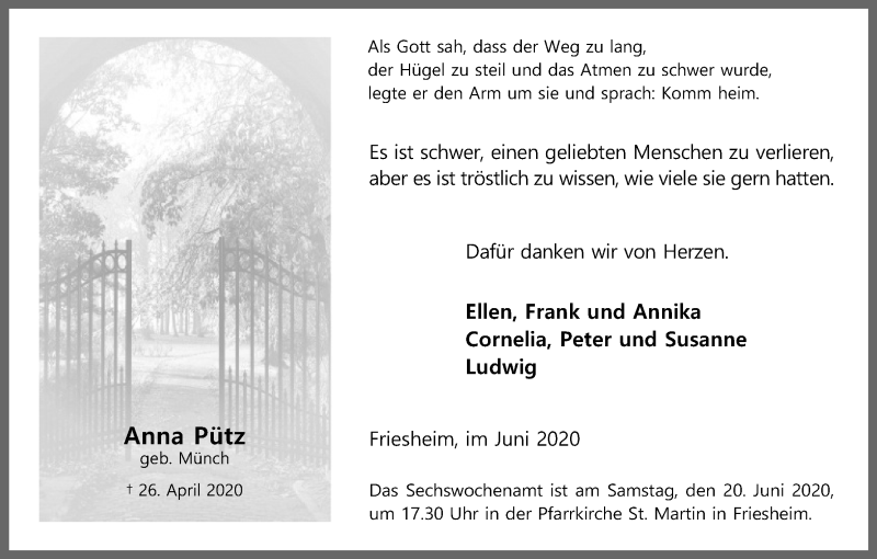  Traueranzeige für Anna Pütz vom 13.06.2020 aus Kölner Stadt-Anzeiger / Kölnische Rundschau / Express