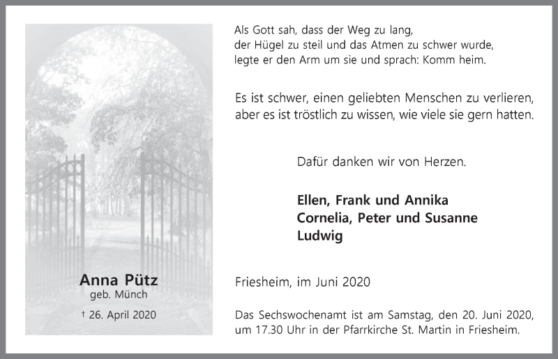  Traueranzeige für Anna Pütz vom 13.06.2020 aus  Blickpunkt Euskirchen 