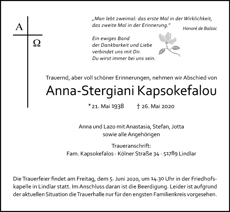  Traueranzeige für Anna-Stergiani Kapsokefalou vom 04.06.2020 aus Kölner Stadt-Anzeiger / Kölnische Rundschau / Express