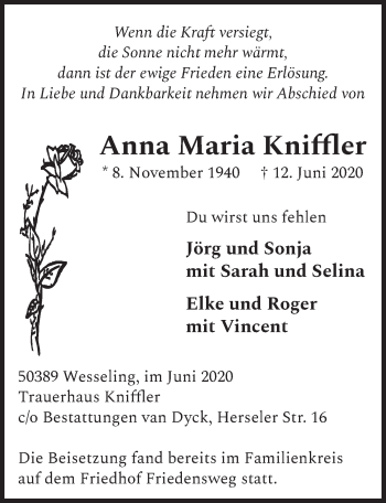 Anzeige von Anna Maria Kniffler von  Schlossbote/Werbekurier 