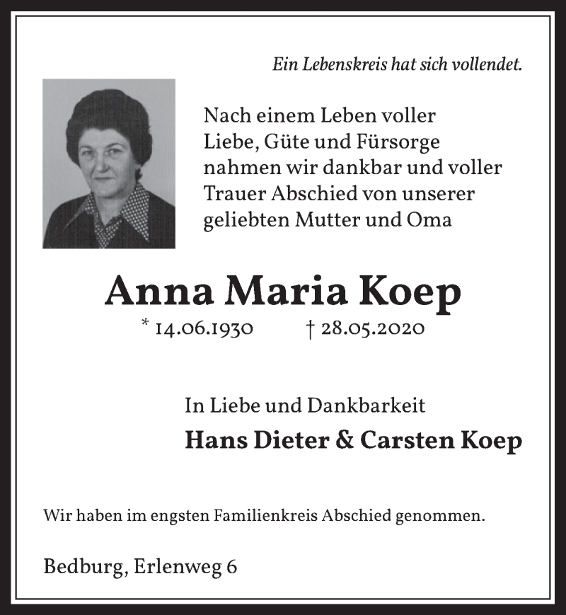 Traueranzeige für Anna Maria Koep vom 12.06.2020 aus  Werbepost 
