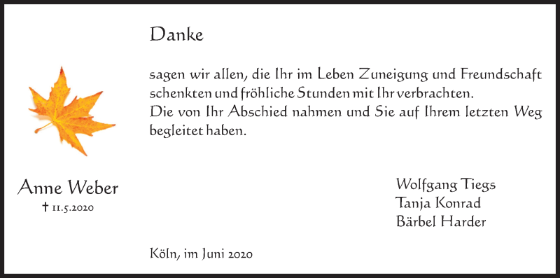  Traueranzeige für Anne Weber vom 06.06.2020 aus Kölner Stadt-Anzeiger / Kölnische Rundschau / Express