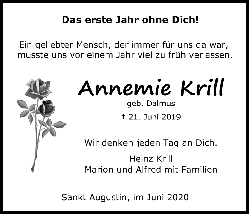  Traueranzeige für Annelette Krill vom 20.06.2020 aus Kölner Stadt-Anzeiger / Kölnische Rundschau / Express