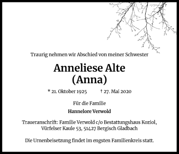 Anzeige von Anneliese Alte von Kölner Stadt-Anzeiger / Kölnische Rundschau / Express