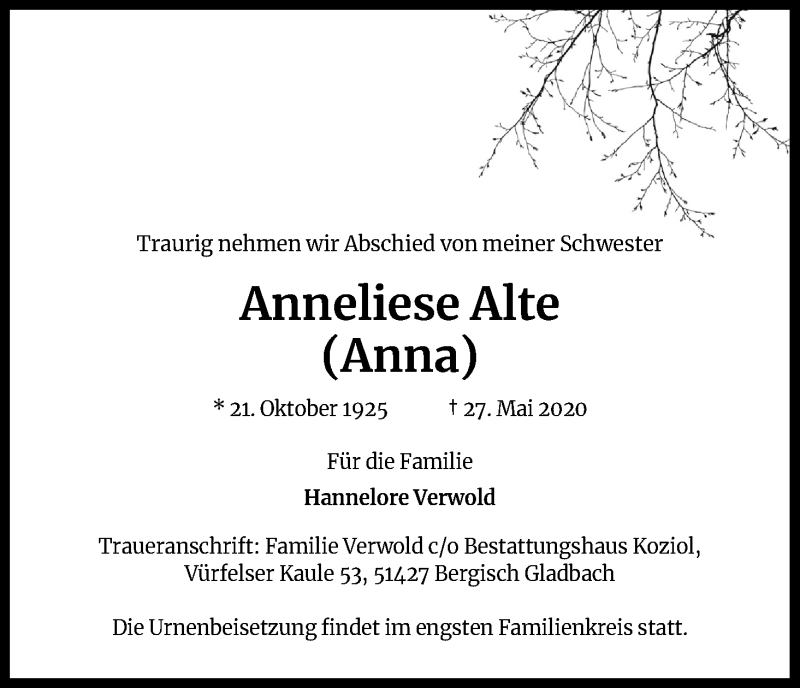  Traueranzeige für Anneliese Alte vom 06.06.2020 aus Kölner Stadt-Anzeiger / Kölnische Rundschau / Express