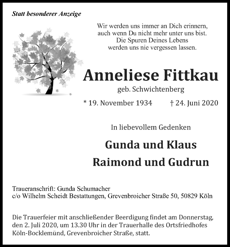  Traueranzeige für Anneliese Fittkau vom 30.06.2020 aus Kölner Stadt-Anzeiger / Kölnische Rundschau / Express