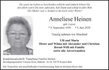 Anzeige von Anneliese Heinen von  Werbepost 