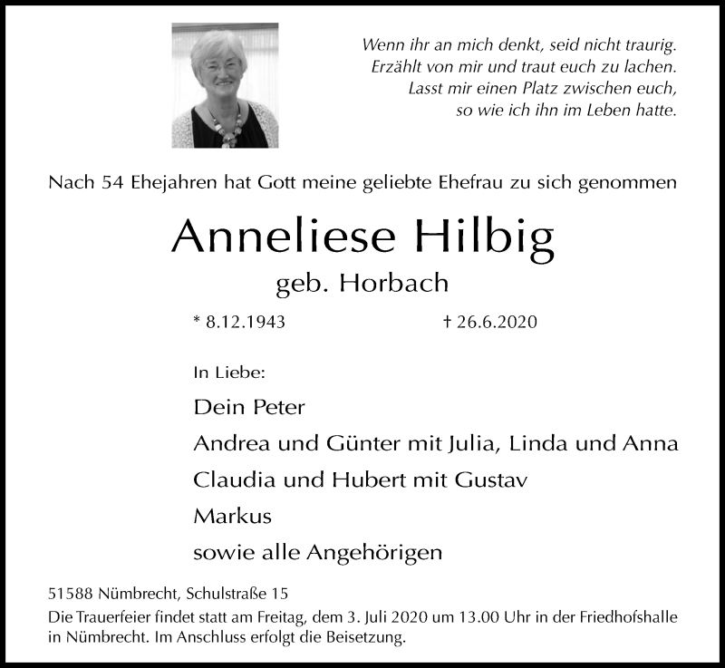  Traueranzeige für Anneliese Hilbig vom 30.06.2020 aus Kölner Stadt-Anzeiger / Kölnische Rundschau / Express