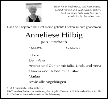 Anzeige von Anneliese Hilbig von Kölner Stadt-Anzeiger / Kölnische Rundschau / Express