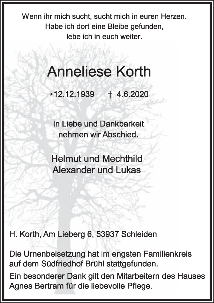  Traueranzeige für Anneliese Korth vom 19.06.2020 aus  Schlossbote/Werbekurier 