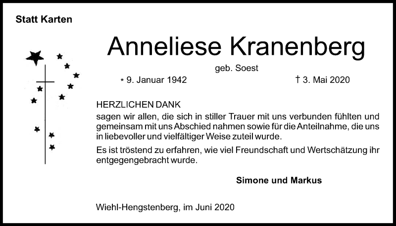  Traueranzeige für Anneliese Kranenberg vom 12.06.2020 aus  Anzeigen Echo 