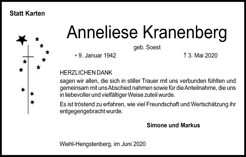  Traueranzeige für Anneliese Kranenberg vom 13.06.2020 aus Kölner Stadt-Anzeiger / Kölnische Rundschau / Express