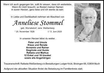 Anzeige von Anneliese Stommel von Kölner Stadt-Anzeiger / Kölnische Rundschau / Express
