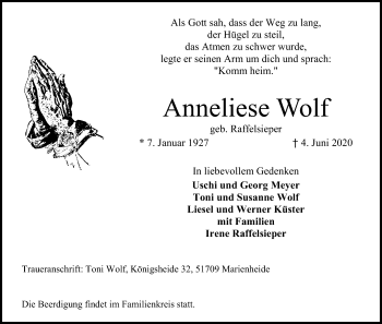 Anzeige von Anneliese Wolf von Kölner Stadt-Anzeiger / Kölnische Rundschau / Express