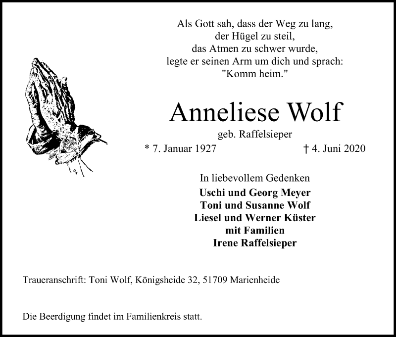  Traueranzeige für Anneliese Wolf vom 06.06.2020 aus Kölner Stadt-Anzeiger / Kölnische Rundschau / Express