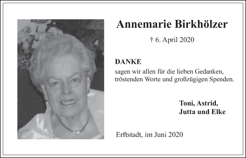  Traueranzeige für Annemarie Birkhölzer vom 12.06.2020 aus  Werbepost 
