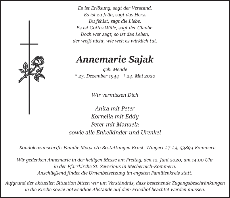  Traueranzeige für Annemarie Sajak vom 06.06.2020 aus  Blickpunkt Euskirchen 