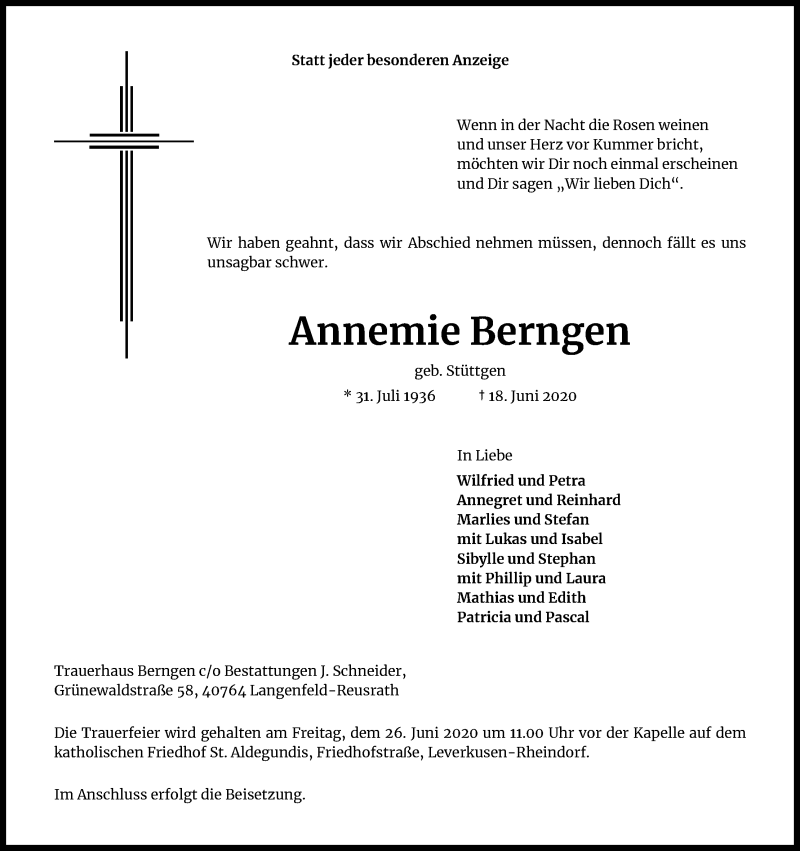  Traueranzeige für Annemie Berngen vom 20.06.2020 aus Kölner Stadt-Anzeiger / Kölnische Rundschau / Express