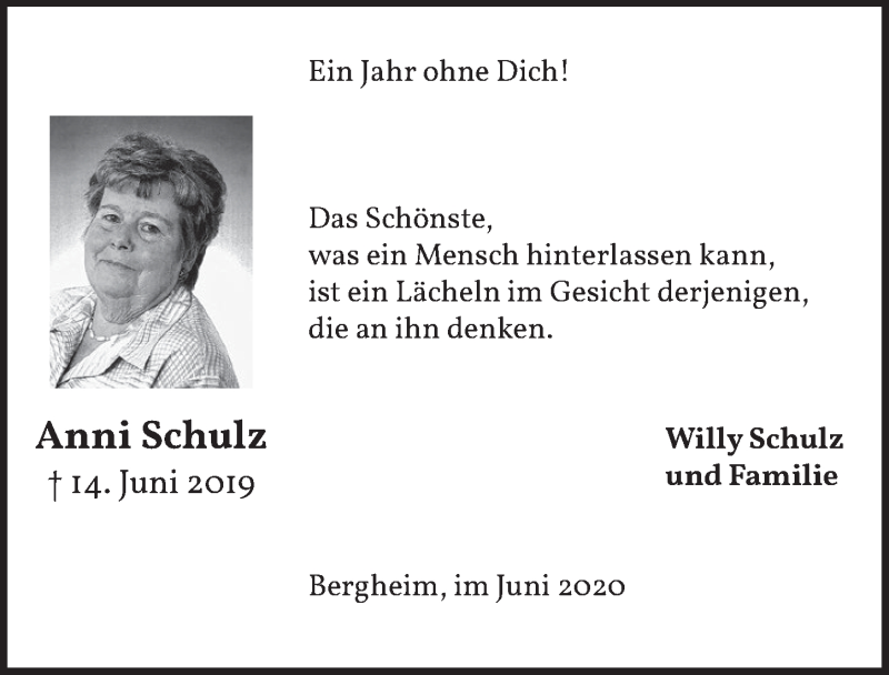  Traueranzeige für Anni Schulz vom 12.06.2020 aus  Werbepost 