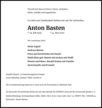 Anzeige von Anton Basten von Kölner Stadt-Anzeiger / Kölnische Rundschau / Express