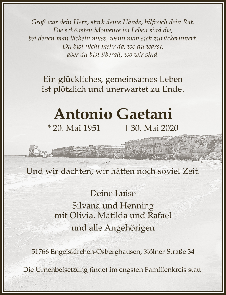  Traueranzeige für Antonio Gaetani vom 05.06.2020 aus  Anzeigen Echo 
