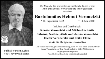 Anzeige von Bartolomäus Helmut Veronetzki von Kölner Stadt-Anzeiger / Kölnische Rundschau / Express