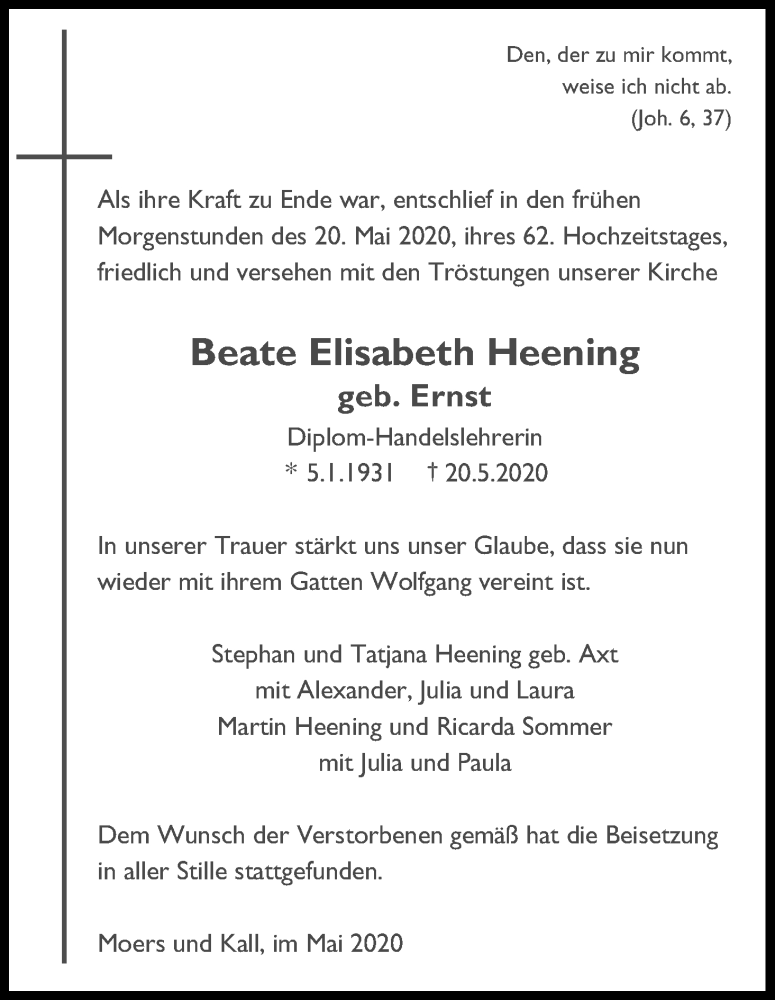  Traueranzeige für Beate Elisabeth Heening vom 06.06.2020 aus Kölner Stadt-Anzeiger / Kölnische Rundschau / Express