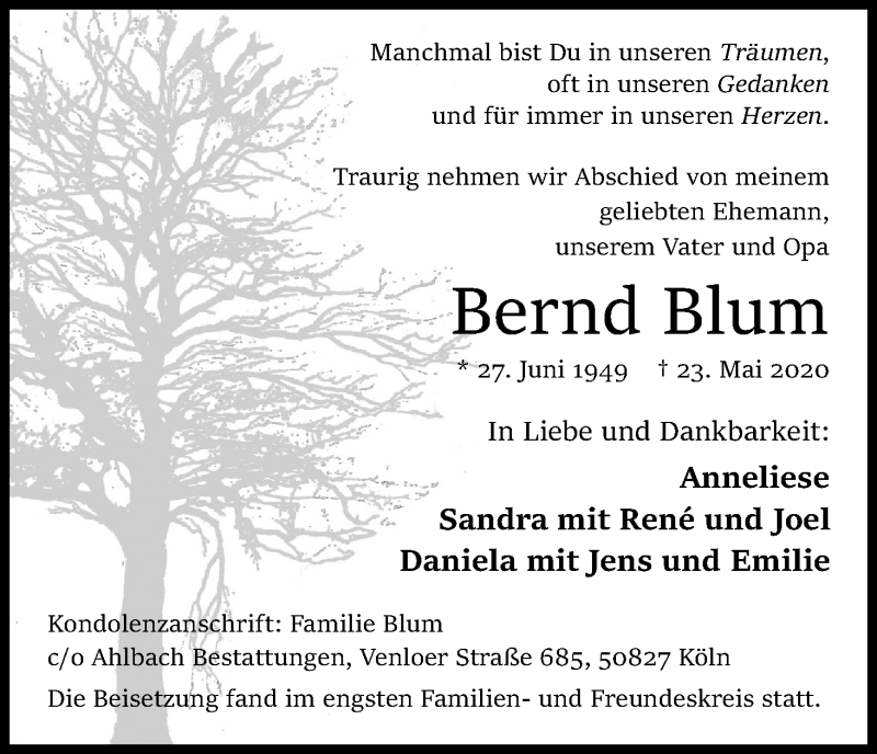  Traueranzeige für Bernd Blum vom 13.06.2020 aus Kölner Stadt-Anzeiger / Kölnische Rundschau / Express