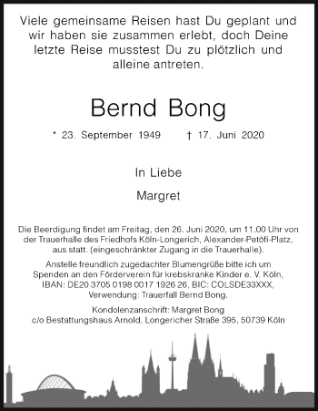 Anzeige von Bernd Bong von Kölner Stadt-Anzeiger / Kölnische Rundschau / Express