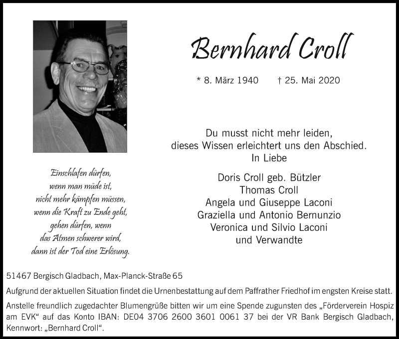  Traueranzeige für Bernhard Croll vom 06.06.2020 aus Kölner Stadt-Anzeiger / Kölnische Rundschau / Express