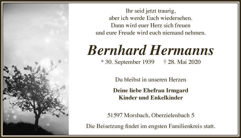  Traueranzeige für Bernhard Hermanns vom 05.06.2020 aus  Lokalanzeiger 