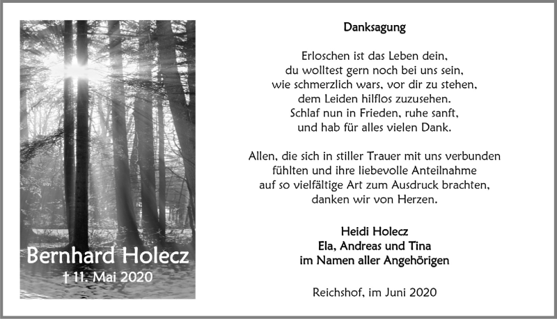  Traueranzeige für Bernhard Holecz vom 12.06.2020 aus  Lokalanzeiger 