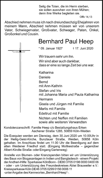 Anzeige von Bernhard Paul Heep von Kölner Stadt-Anzeiger / Kölnische Rundschau / Express