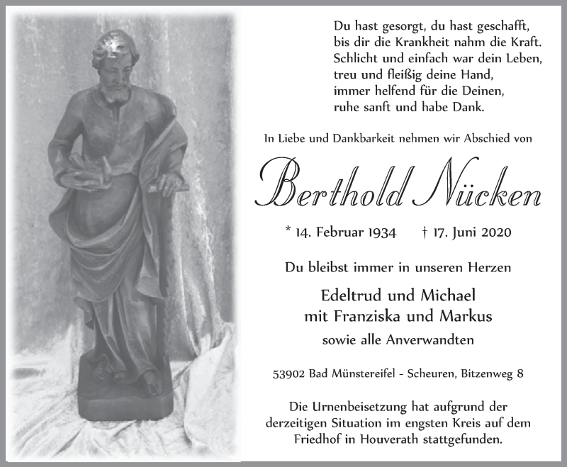  Traueranzeige für Berthold Nücken vom 27.06.2020 aus  Blickpunkt Euskirchen 