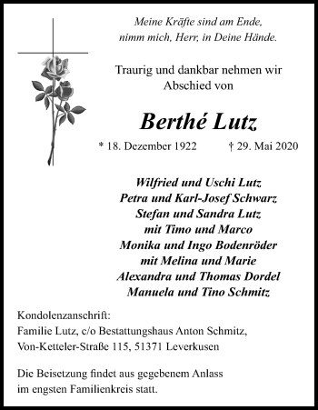 Anzeige von Berthé Lutz von Kölner Stadt-Anzeiger / Kölnische Rundschau / Express