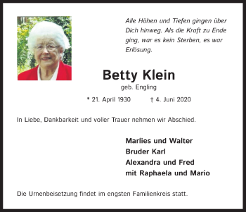 Anzeige von Betty Klein von Kölner Stadt-Anzeiger / Kölnische Rundschau / Express