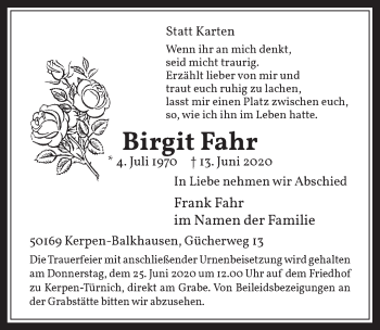 Anzeige von Birgit Fahr von  Werbepost 