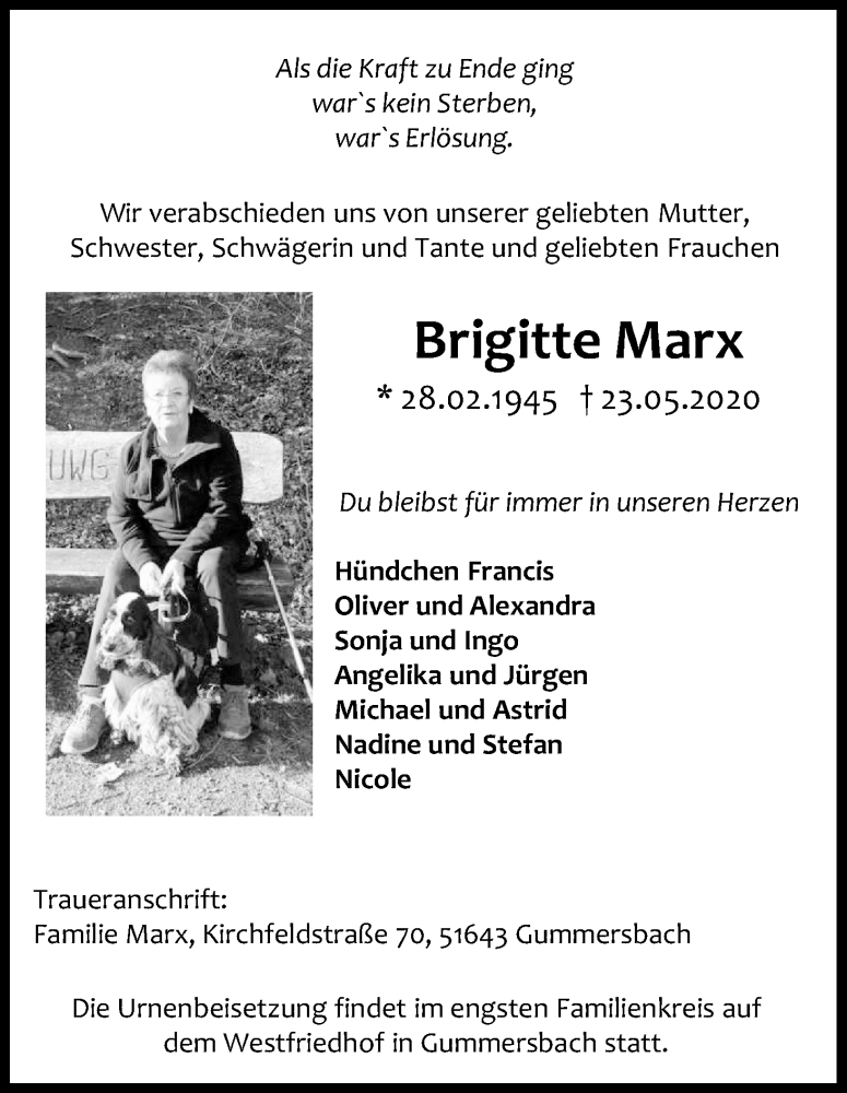  Traueranzeige für Brigitte Marx vom 04.06.2020 aus Kölner Stadt-Anzeiger / Kölnische Rundschau / Express