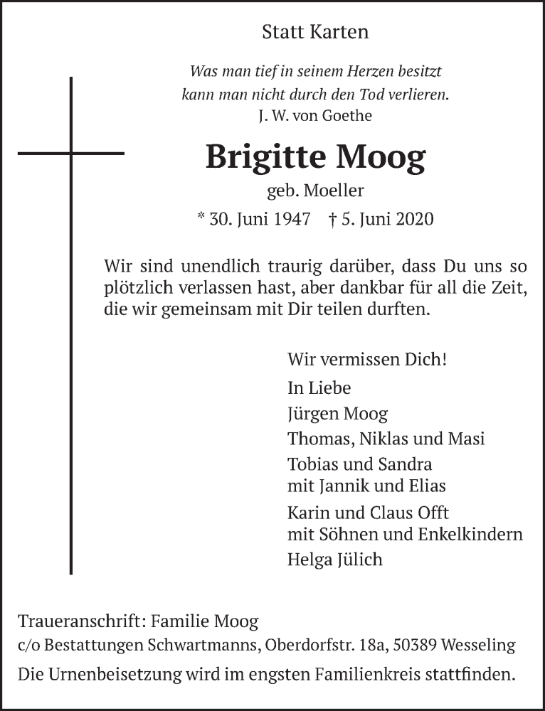  Traueranzeige für Brigitte Moog vom 12.06.2020 aus  Schlossbote/Werbekurier 
