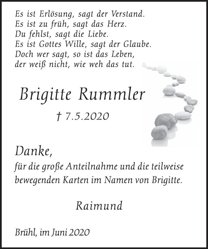  Traueranzeige für Brigitte Rummler vom 26.06.2020 aus  Schlossbote/Werbekurier 