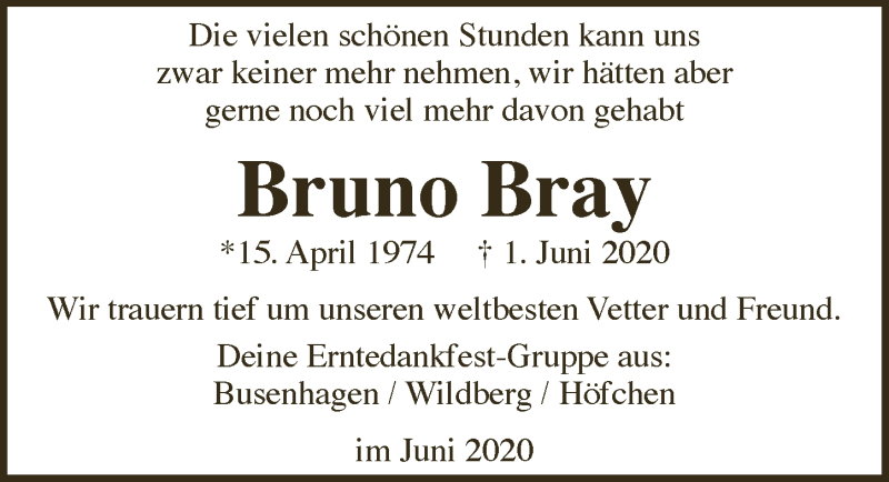  Traueranzeige für Bruno Bray vom 12.06.2020 aus  Lokalanzeiger 