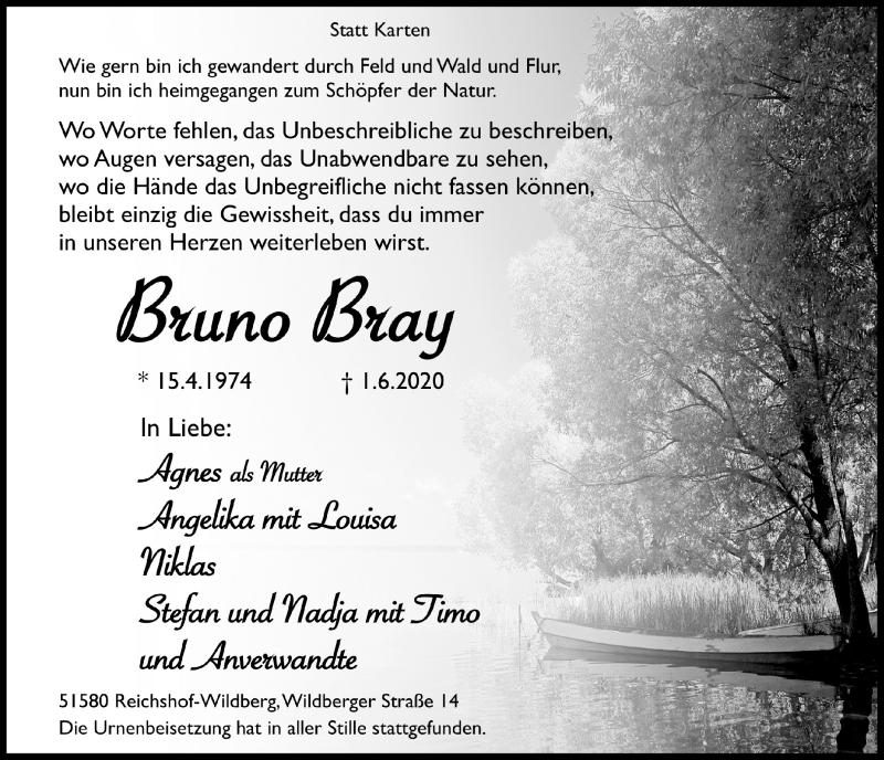  Traueranzeige für Bruno Bray vom 19.06.2020 aus  Lokalanzeiger 