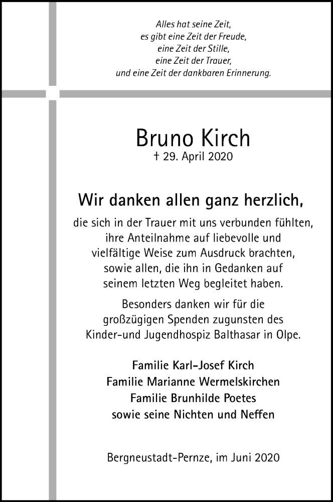  Traueranzeige für Bruno Kirch vom 13.06.2020 aus Kölner Stadt-Anzeiger / Kölnische Rundschau / Express